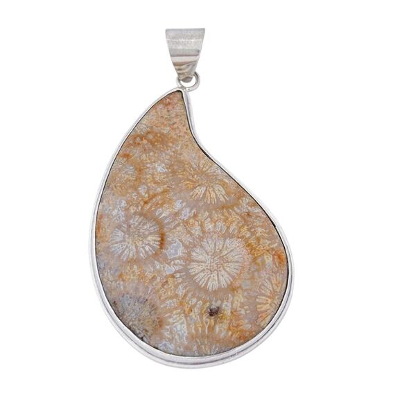 Coral Fossil Pendant | Teardrop Stone Setting | Sterling Silver 925 - Picture 3 of 8